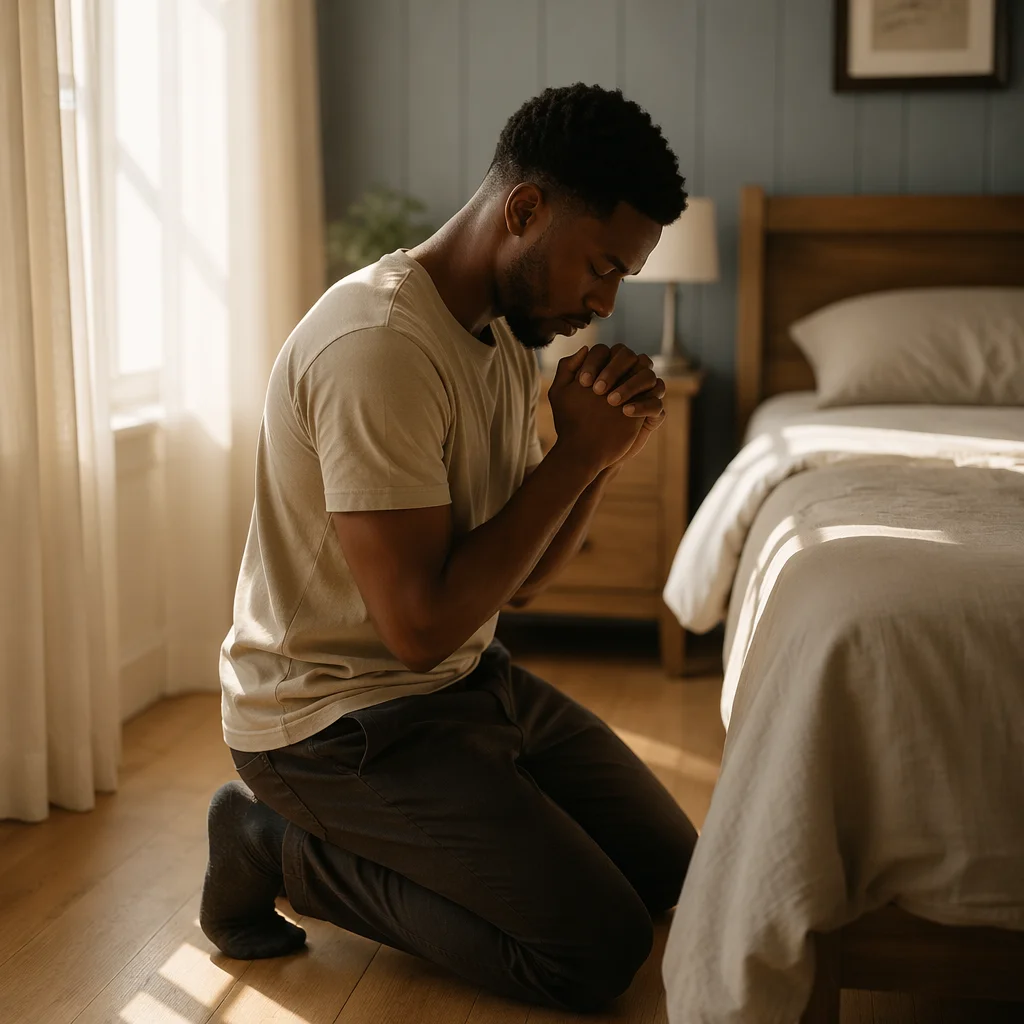 Young Man Kneeling in Sunlit Bedroom