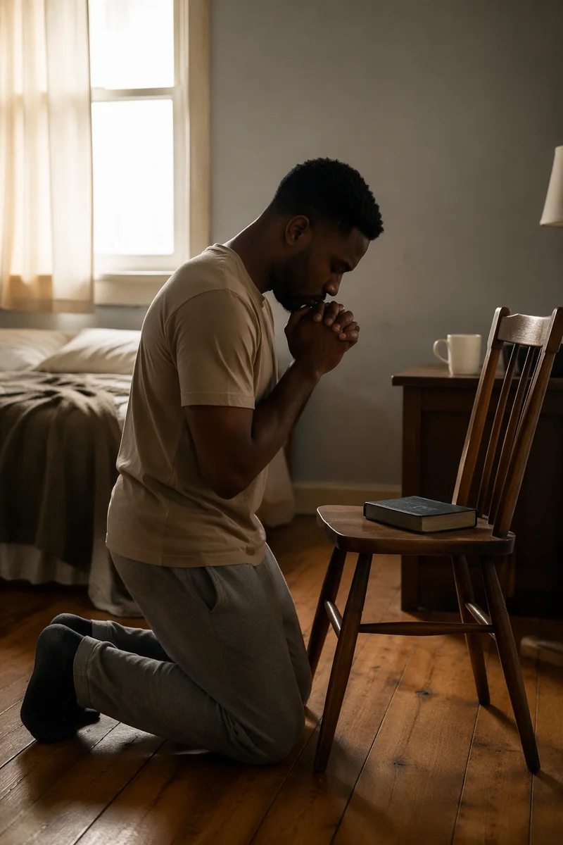 Young Man Kneeling in Quiet Bedroom
