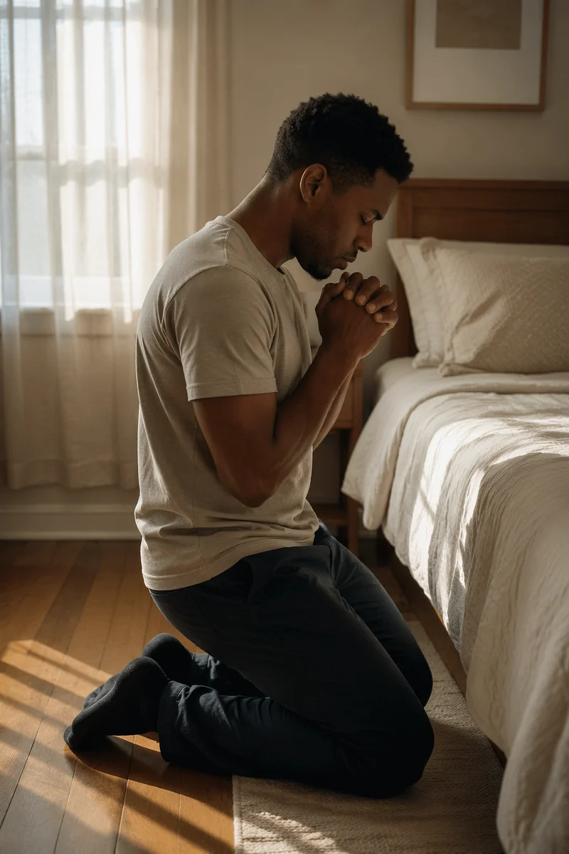 Young Man Kneeling in Sunlit Bedroom