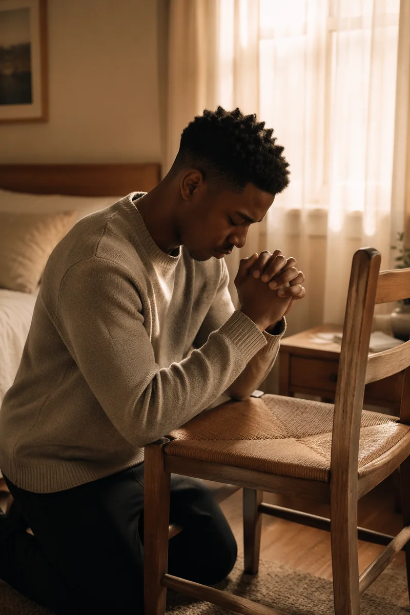Young Man Kneeling in Sunlit Bedroom