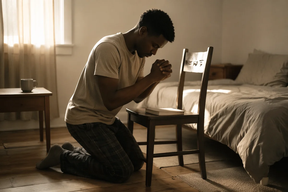 Young Man Kneeling in Quiet Bedroom