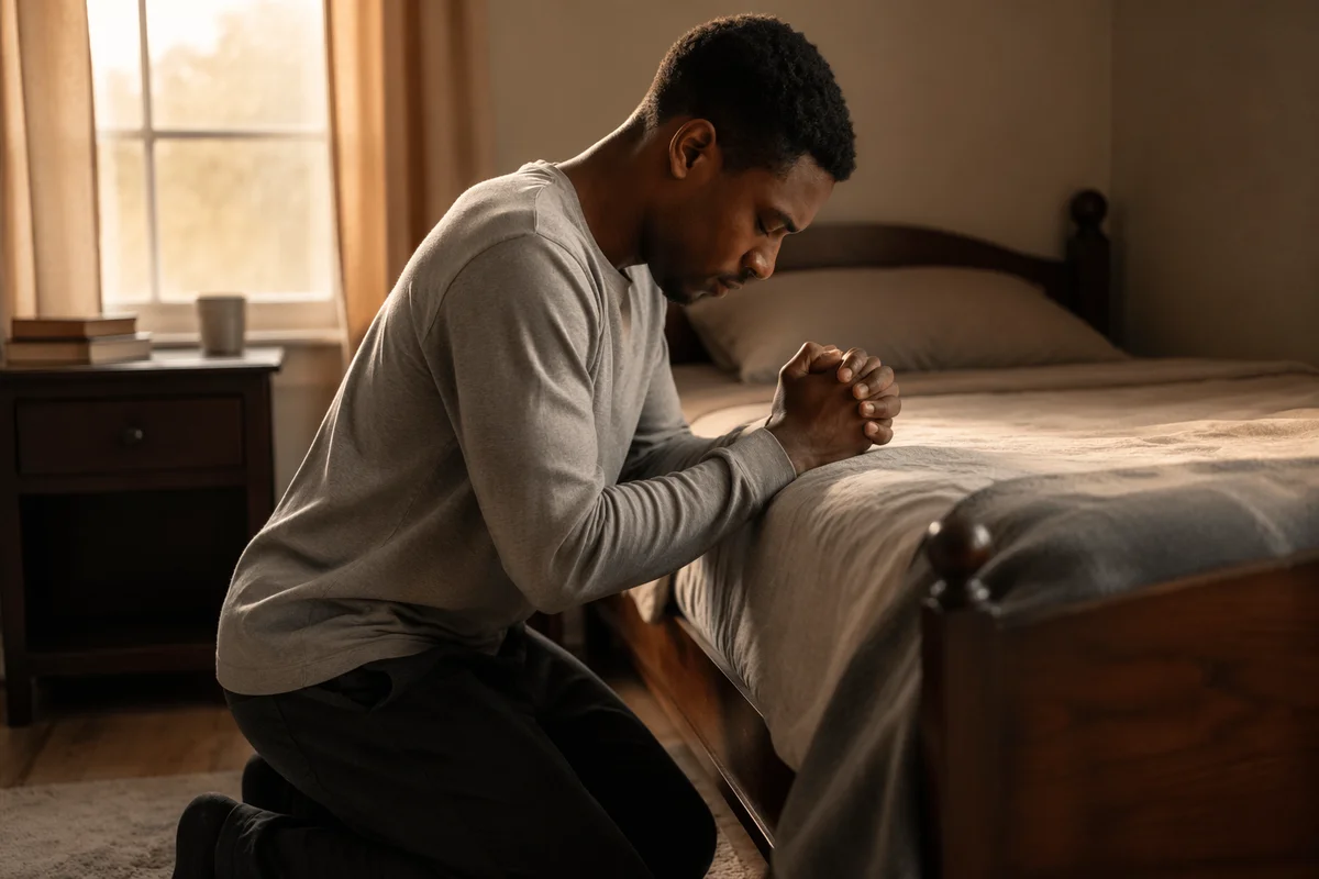 Young Man Kneeling in Bedroom Prayer