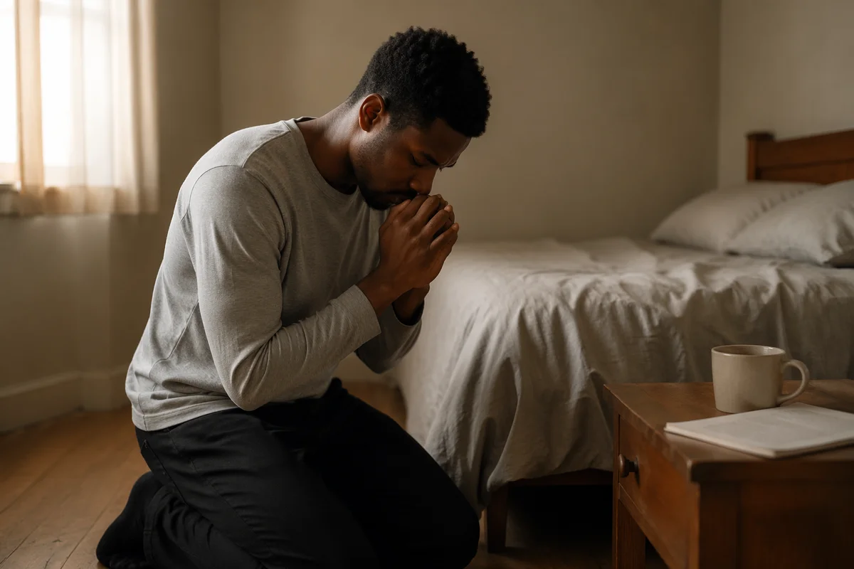 Young Man Kneeling in Prayer Bedroom