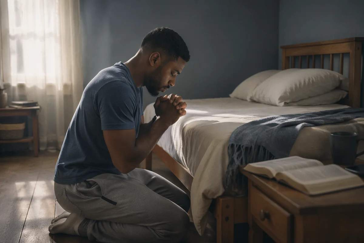 Young Man Kneeling in Prayer at Dawn