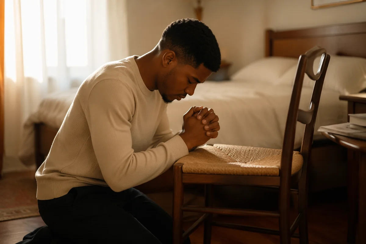 Young Man Kneeling in Sunlit Bedroom