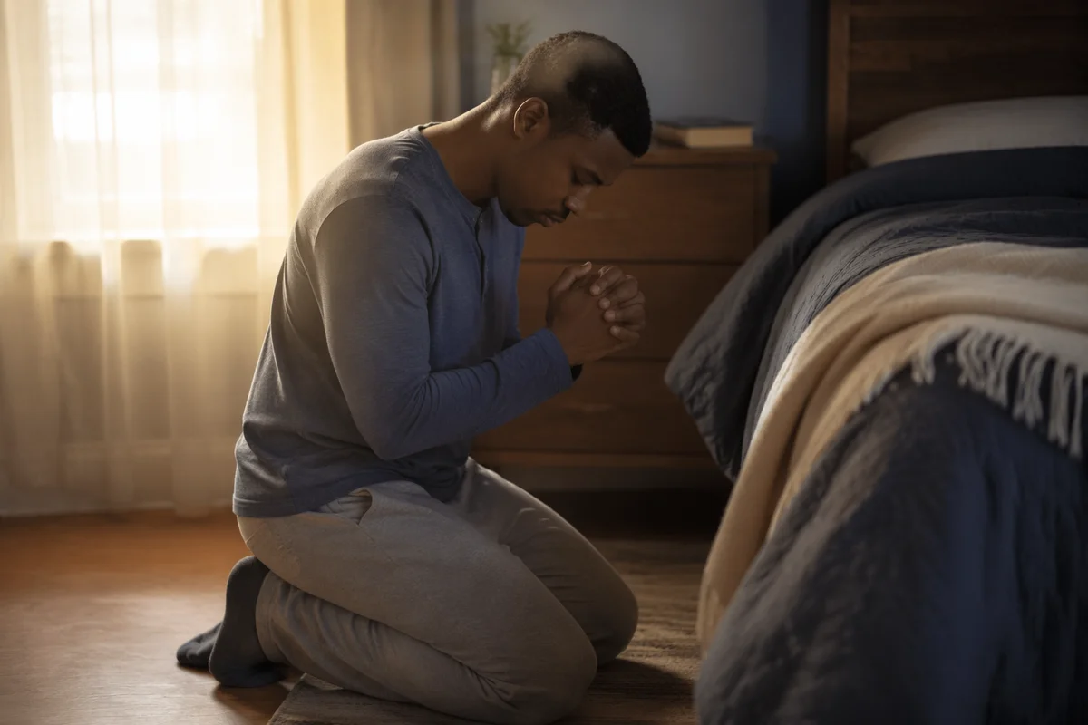 Young Man Kneeling in Quiet Bedroom