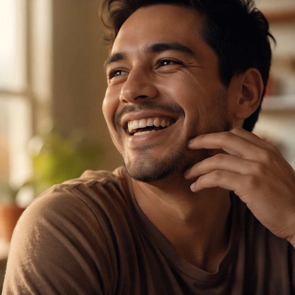 Joyful Young Man Laughing in Warm Light