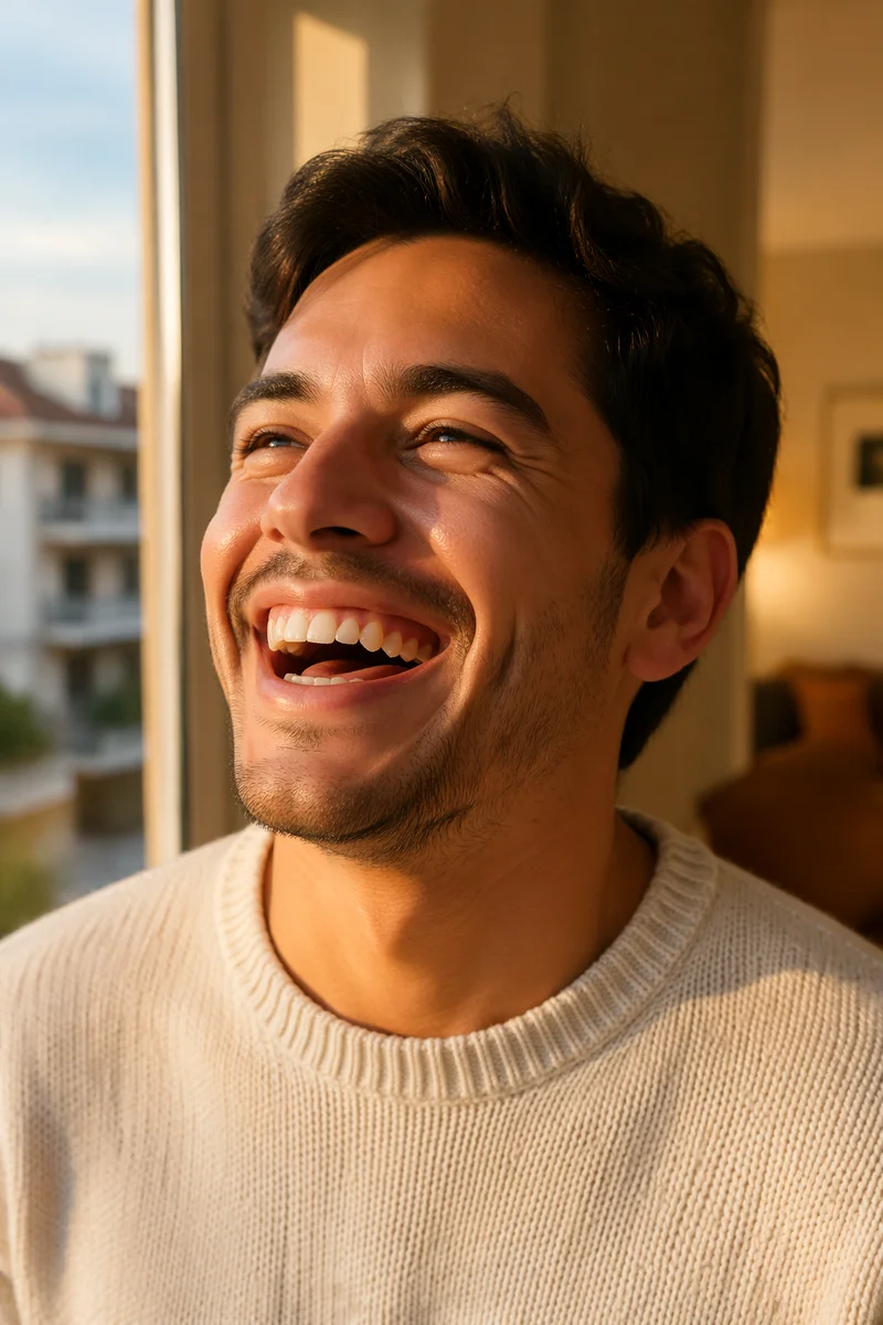 Joyful Young Man Laughing by Window