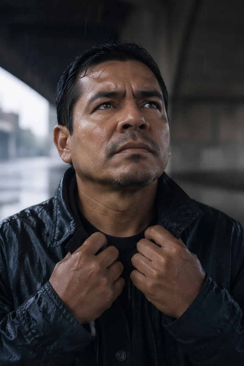 Determined Man in Light Rain Close-Up