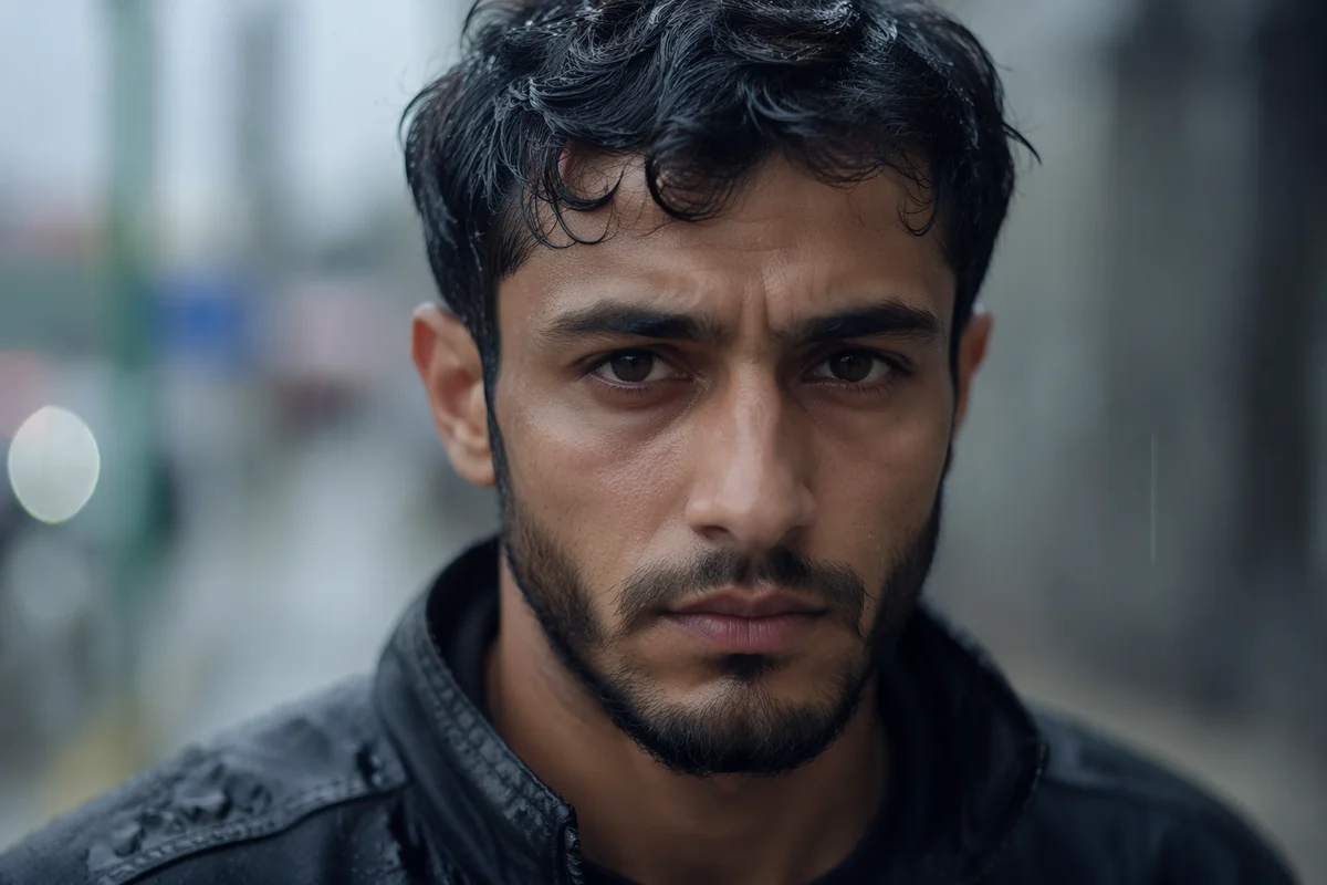 Determined Young Man in Light Rain