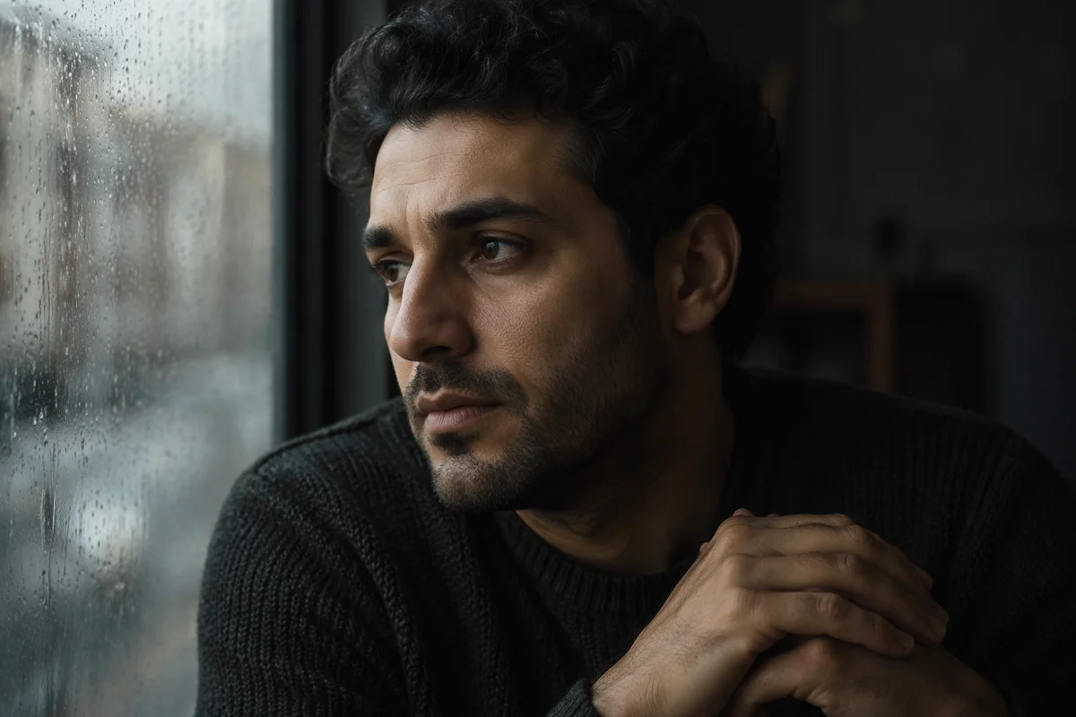 Contemplative Man Beside Rainy Window