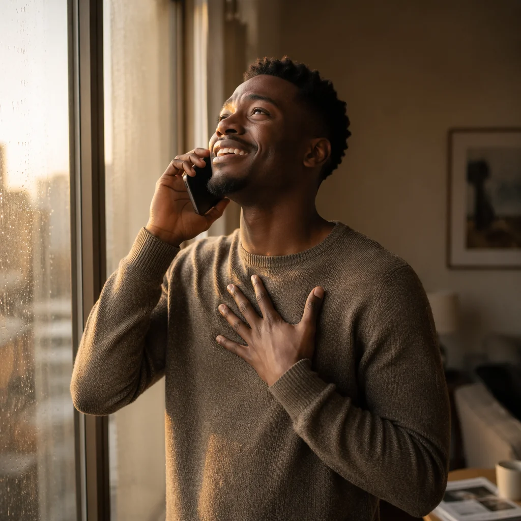 Joyful Man on Phone by Window