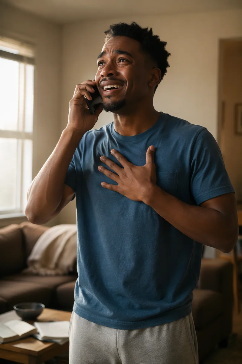 Joyful Man Answering Phone in Apartment