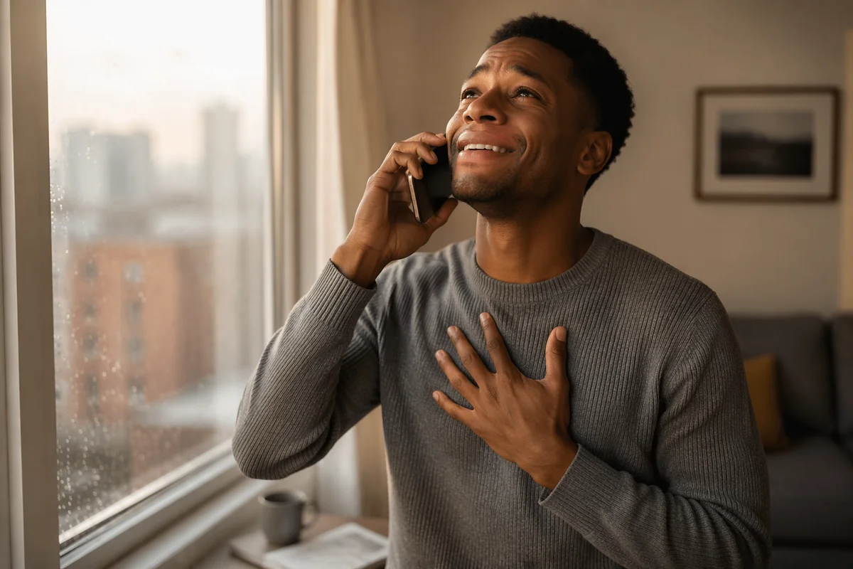 Joyful Man Taking Phone Call by Window