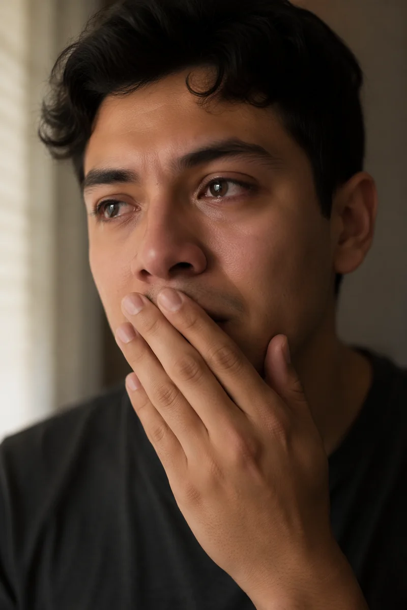 Emotional Young Man Covering His Mouth