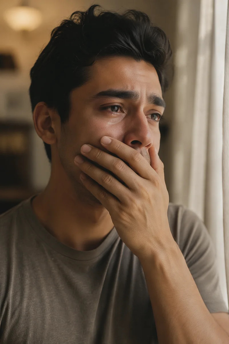 Emotional Young Man Covering His Mouth