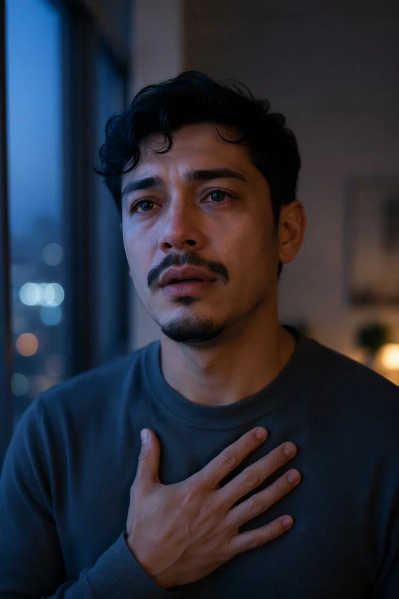 Emotional Young Man by Apartment Window