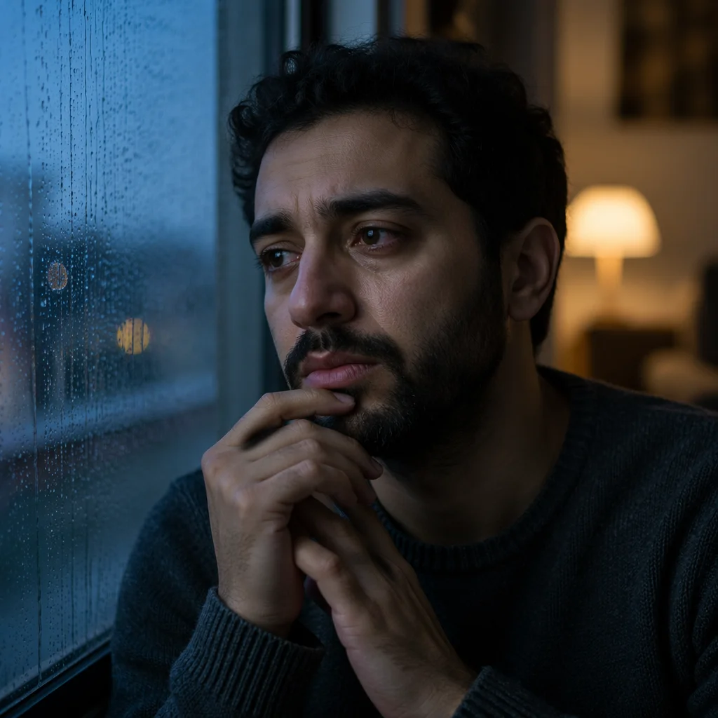 Emotional Portrait by Rainy Window at Dusk