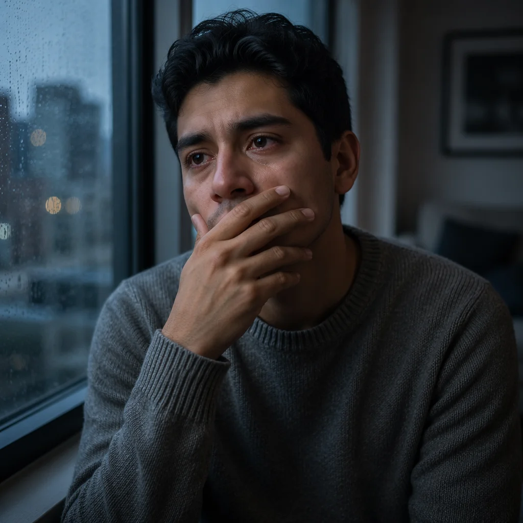 Emotional Young Man by Rainy Window