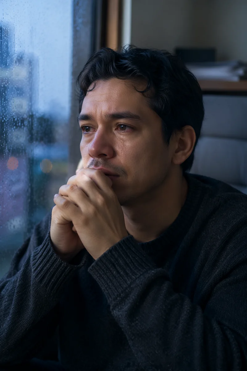 Emotional Young Man by Rainy Window