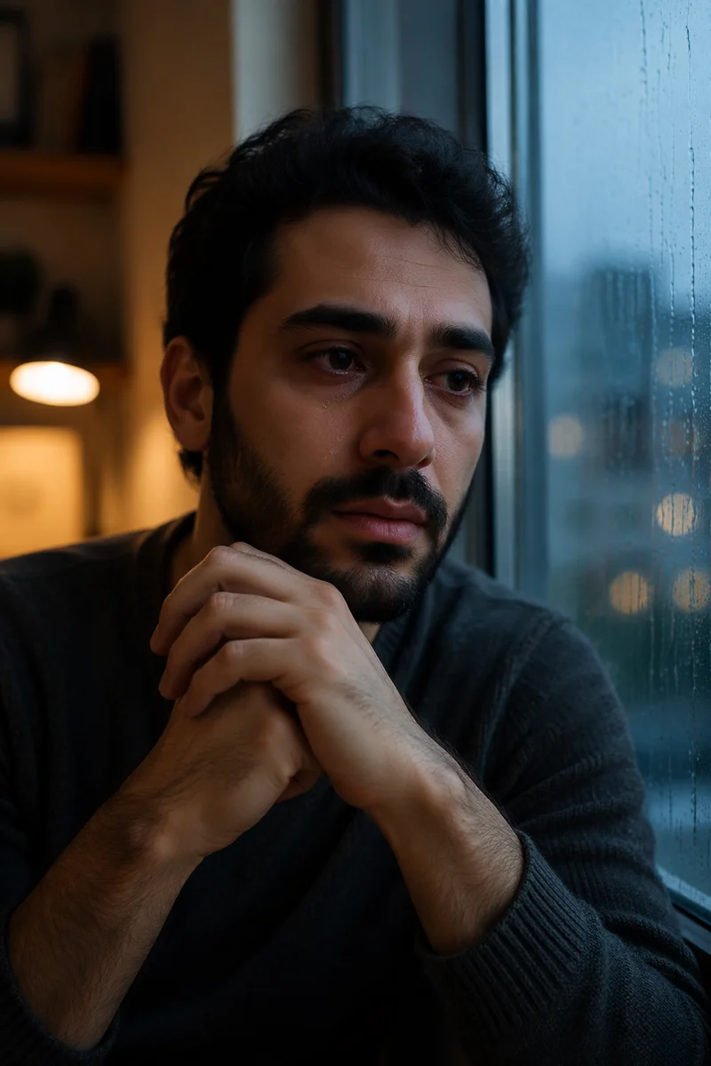 Emotional Man by Rainy Window