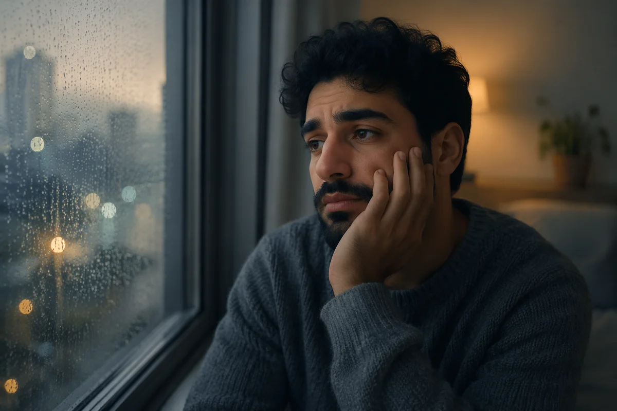 Emotional Young Man by Rainy Window