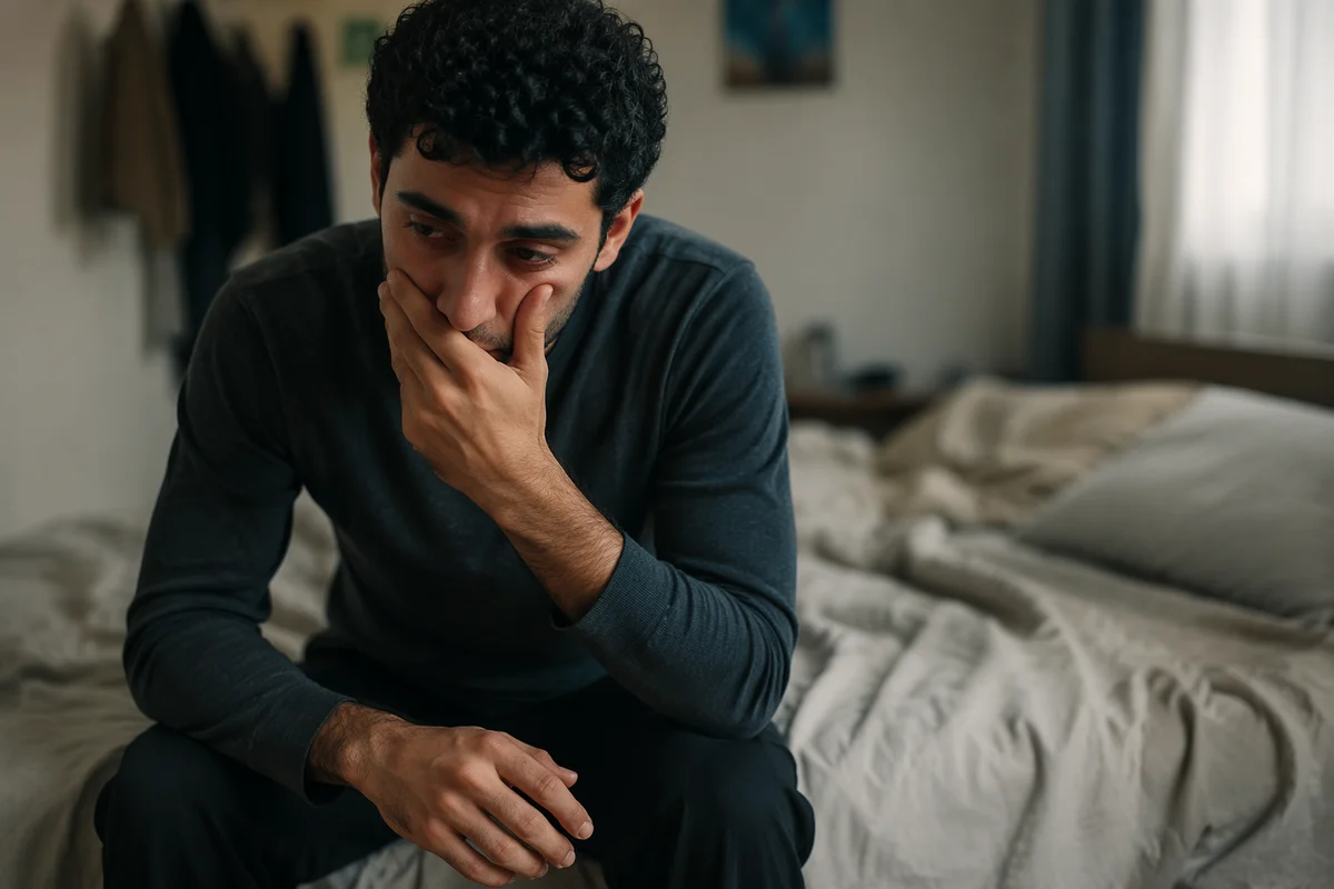Emotional Young Man Sitting on Bed