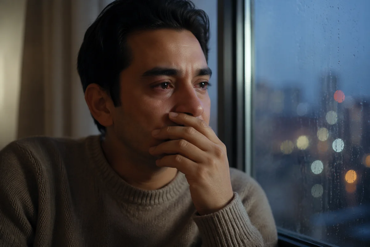 Young Man by Rainy Window at Dusk