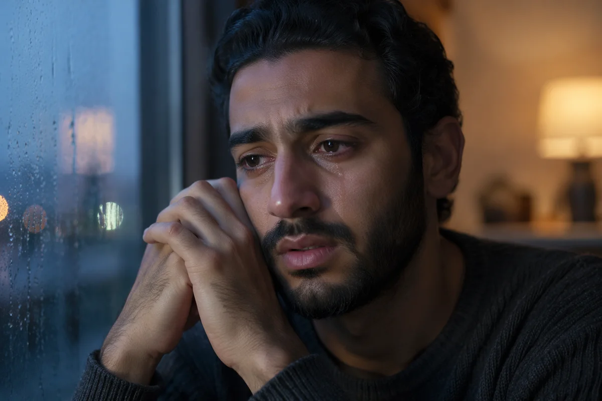 Emotional Man by Rainy Window at Dusk