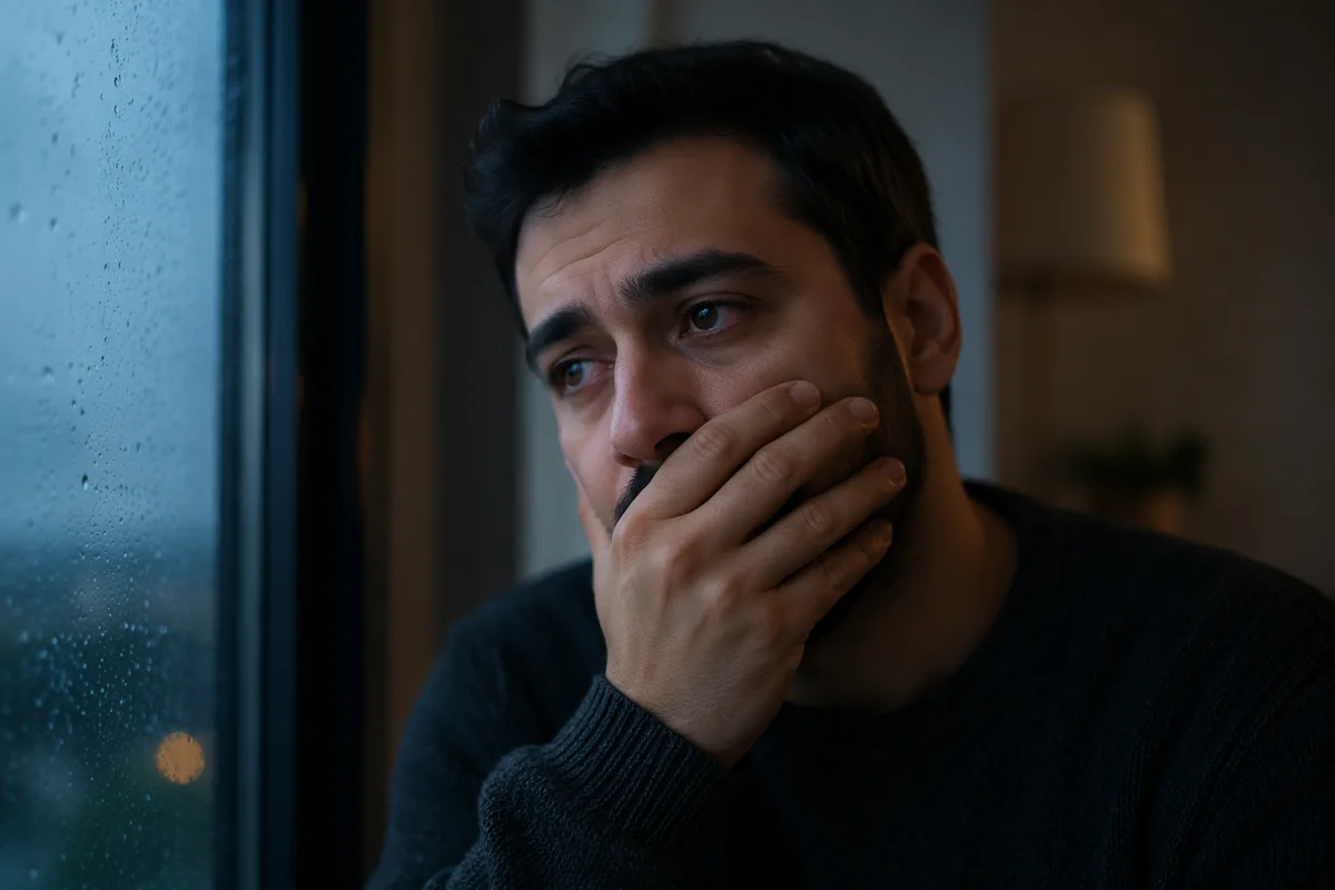 Emotional Man by Rainy Window at Dusk