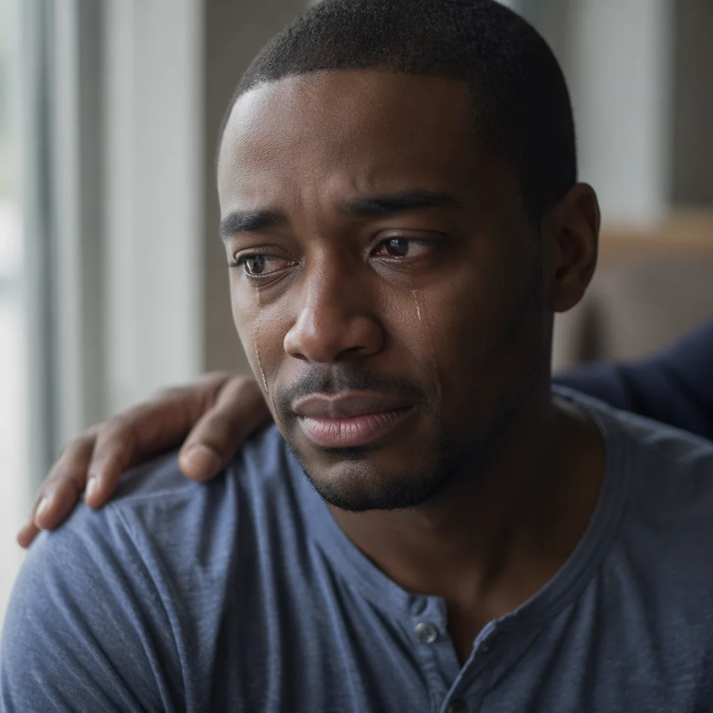 Tearful Man Receiving Comfort Near Window