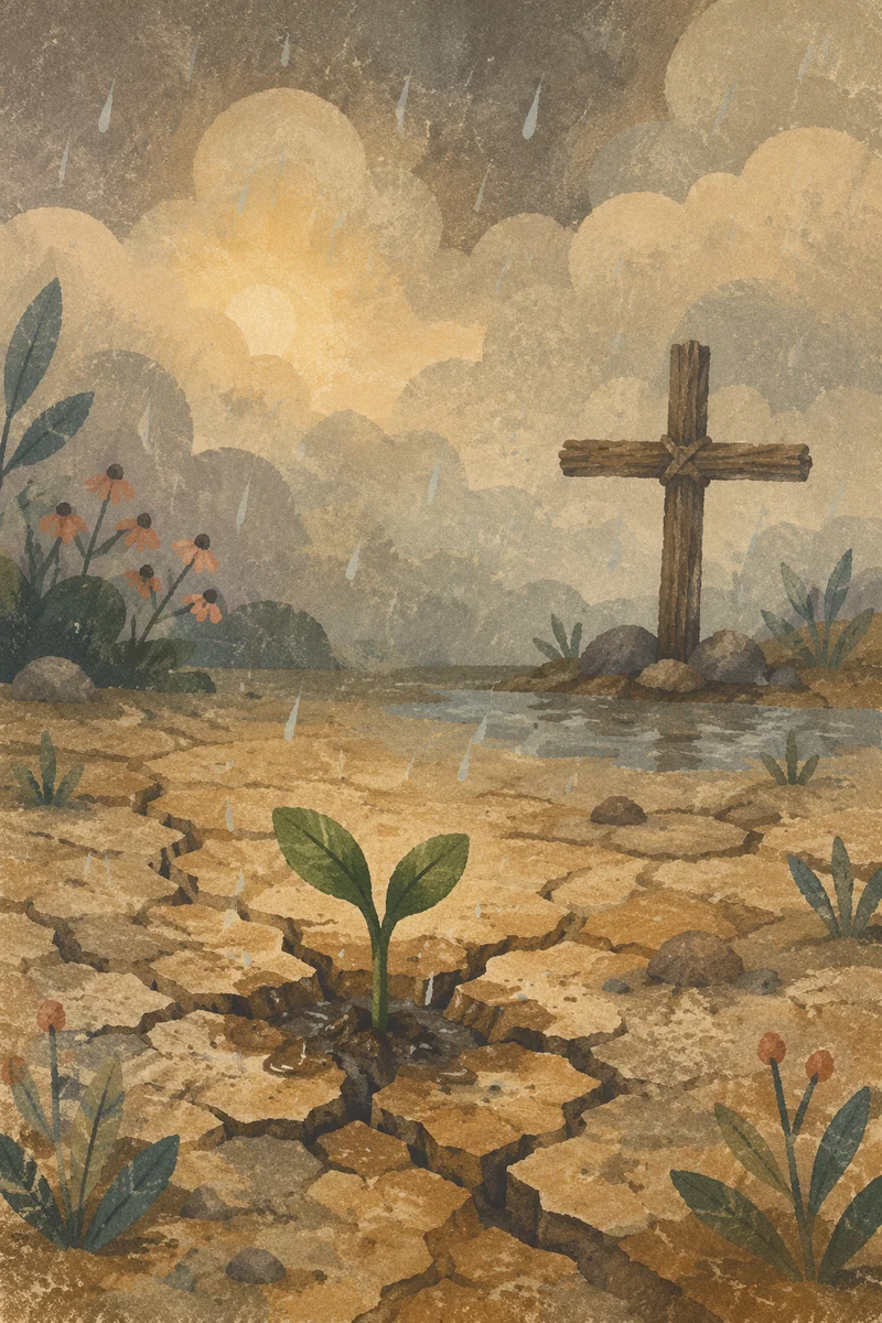 Gentle Mercy Rain Over Cracked Soil