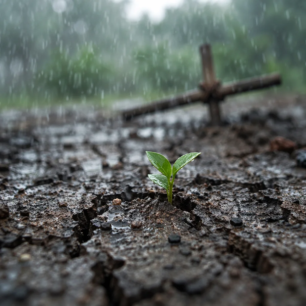 Gentle Mercy Rain Over Cracked Soil