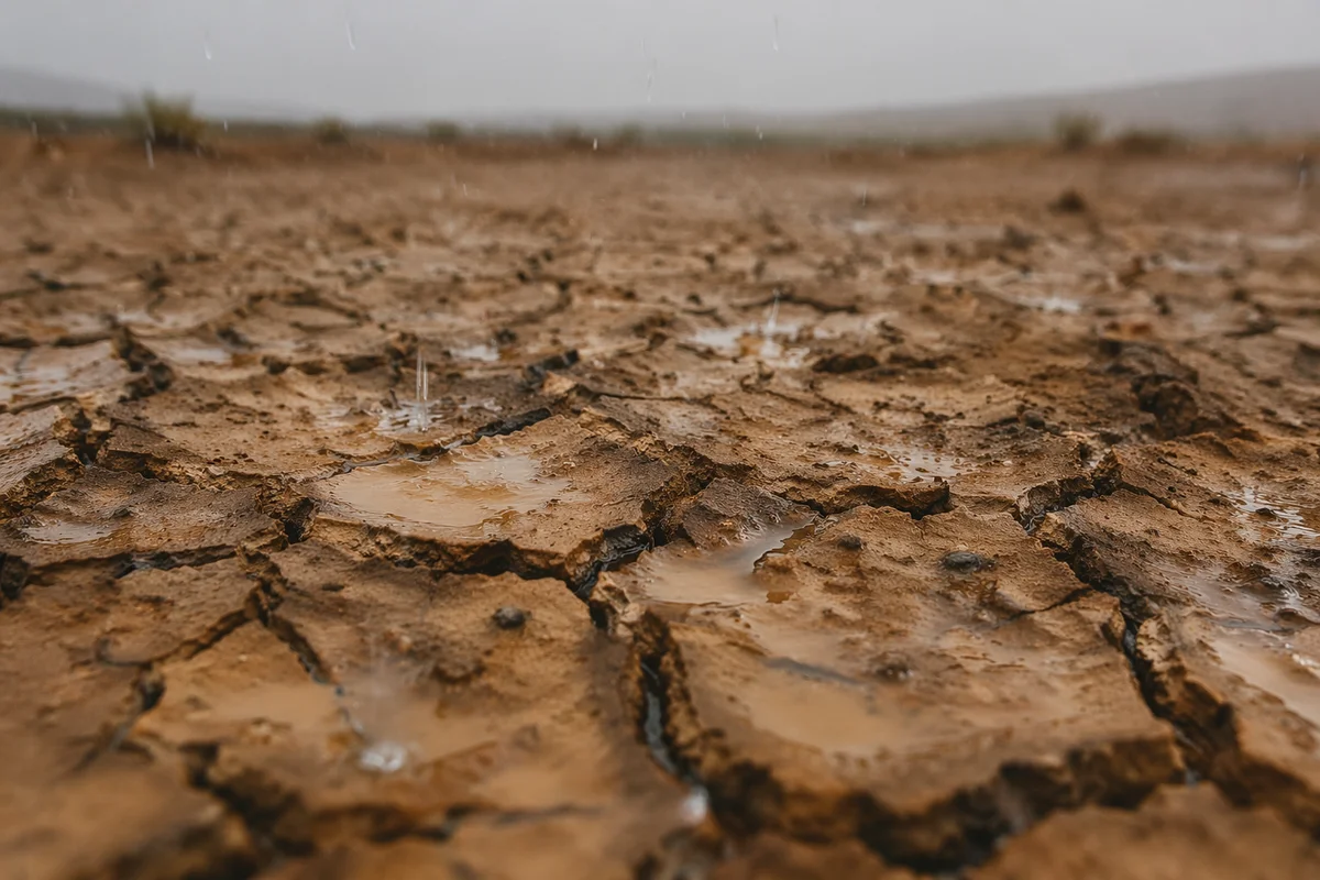 Merciful Rain Falling on Cracked Dry Soil