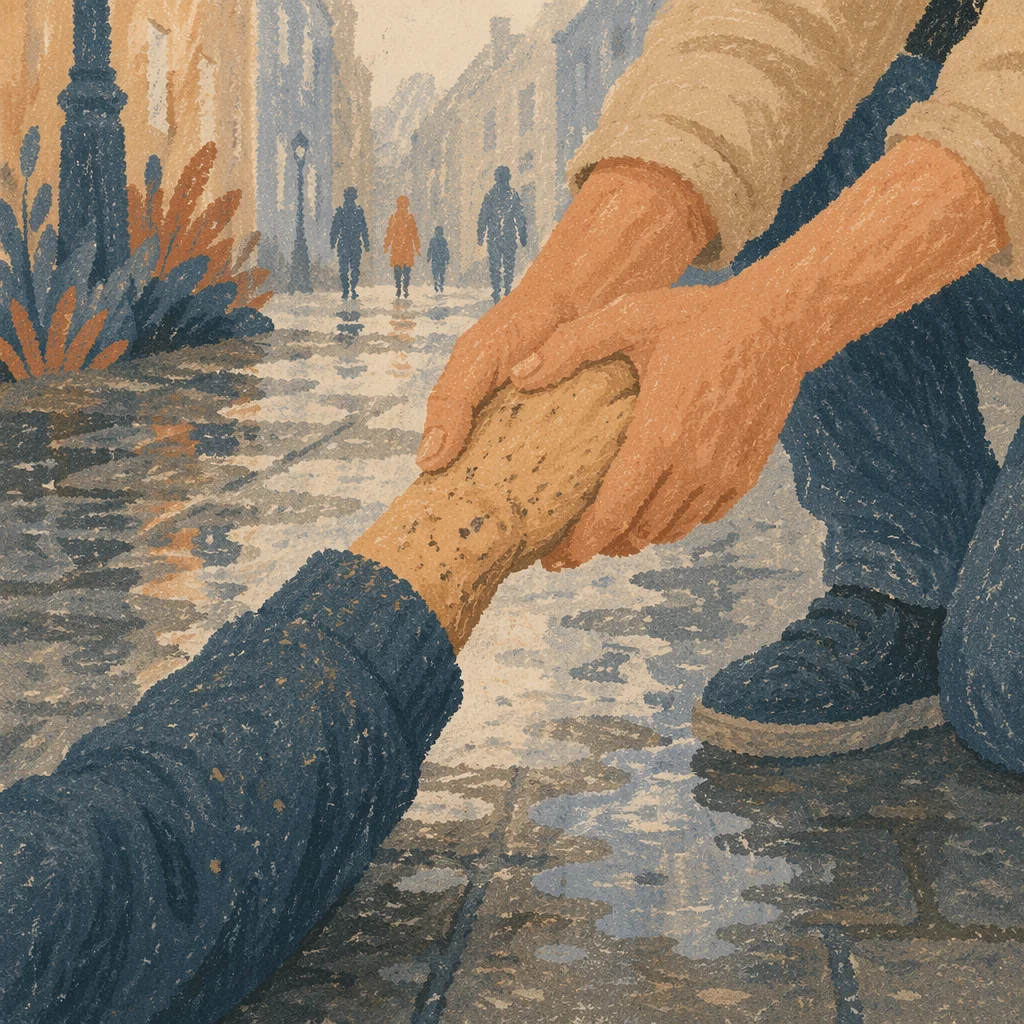Merciful Hands Lifting From Wet Pavement