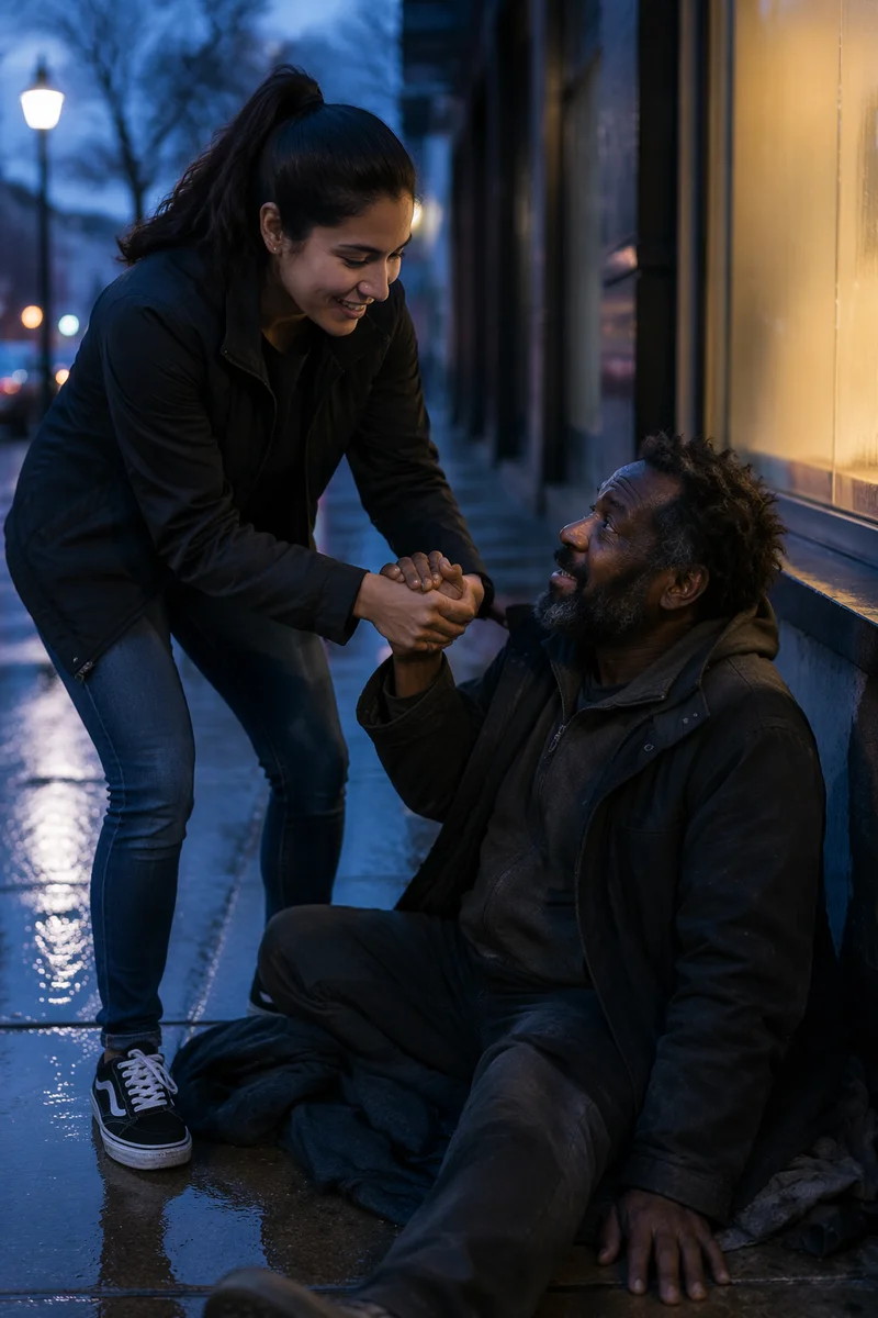 Woman Helping Fallen Man on Sidewalk