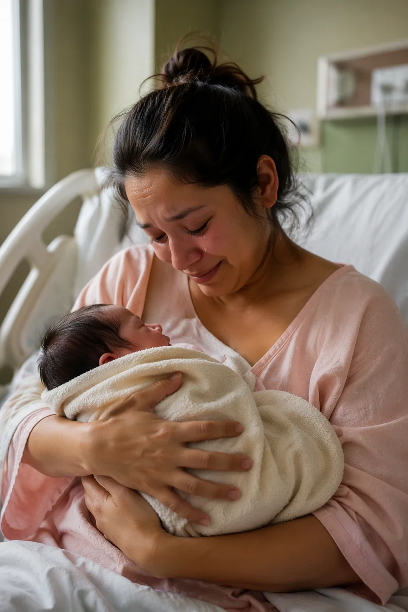 Mother Holding Newborn in Hospital Bed