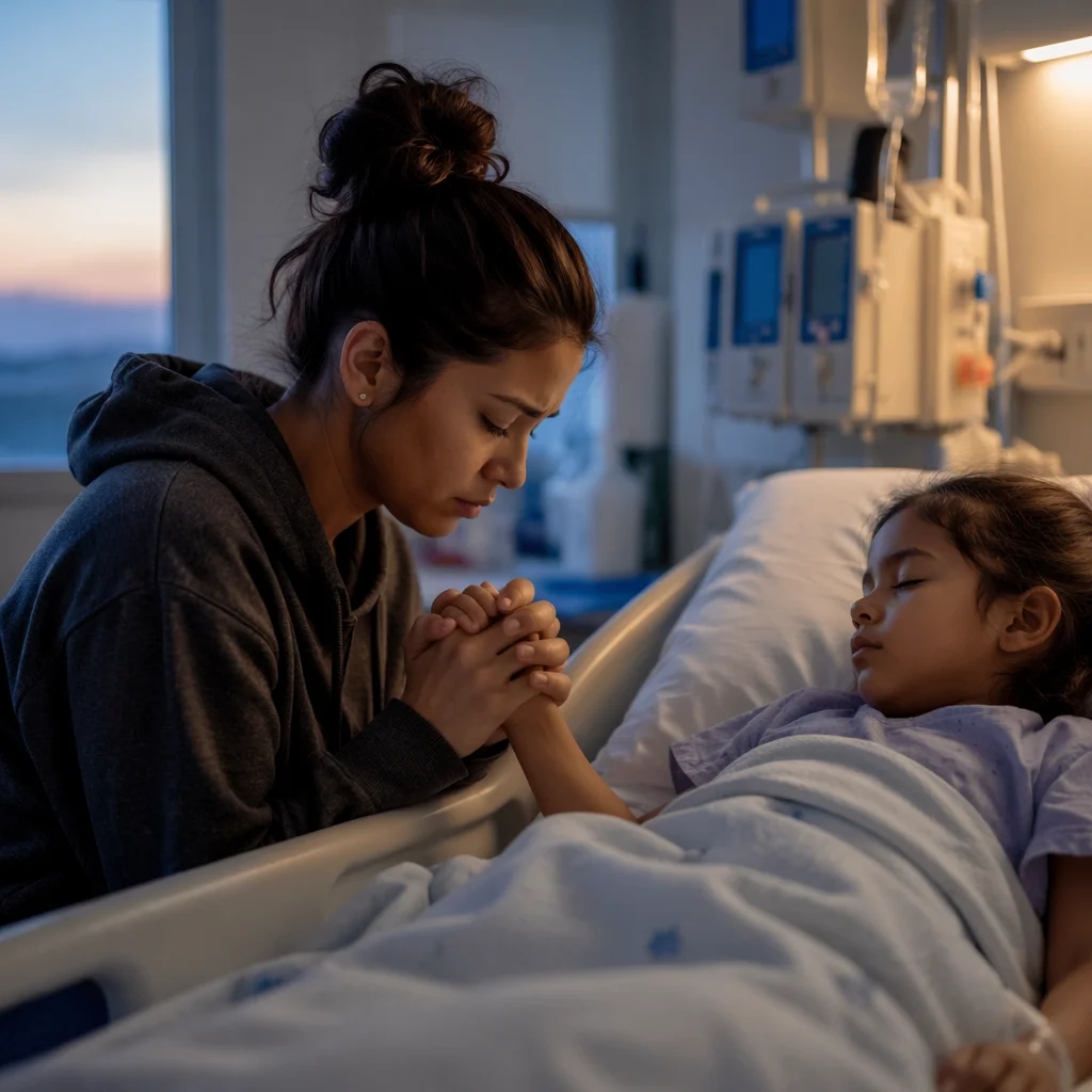 Mother Praying Beside Child Hospital Bed