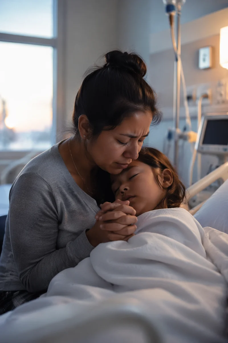 Mother Praying Beside Sick Child
