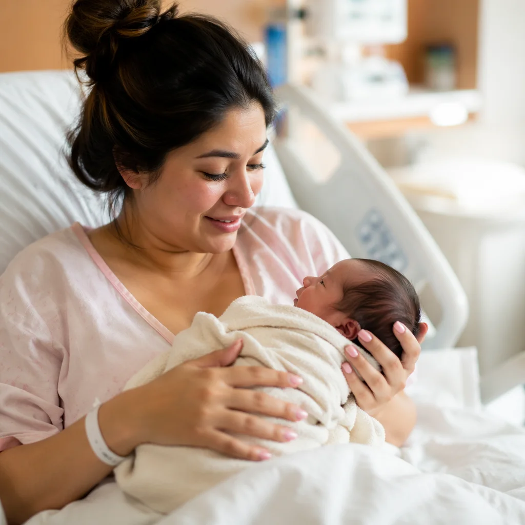Joyful Mother Holding Newborn in Hospital