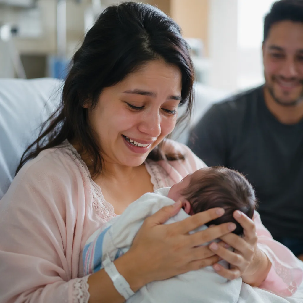 Joyful Mother Holding Newborn in Hospital