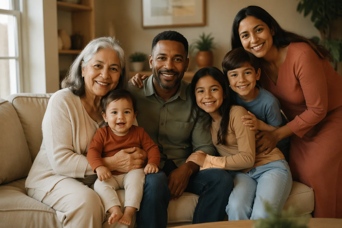 Multigenerational Family Smiling in Sunlit Living Room