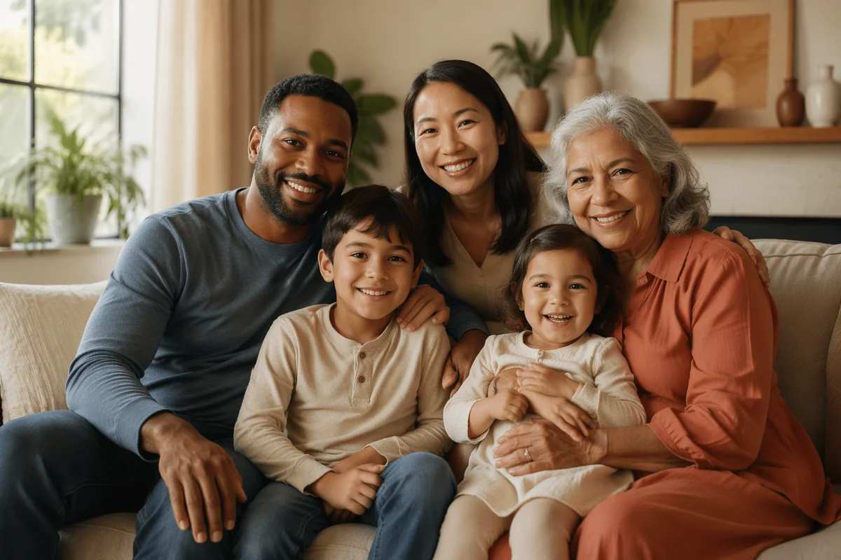 Multigenerational Family Smiling on Living Room Sofa