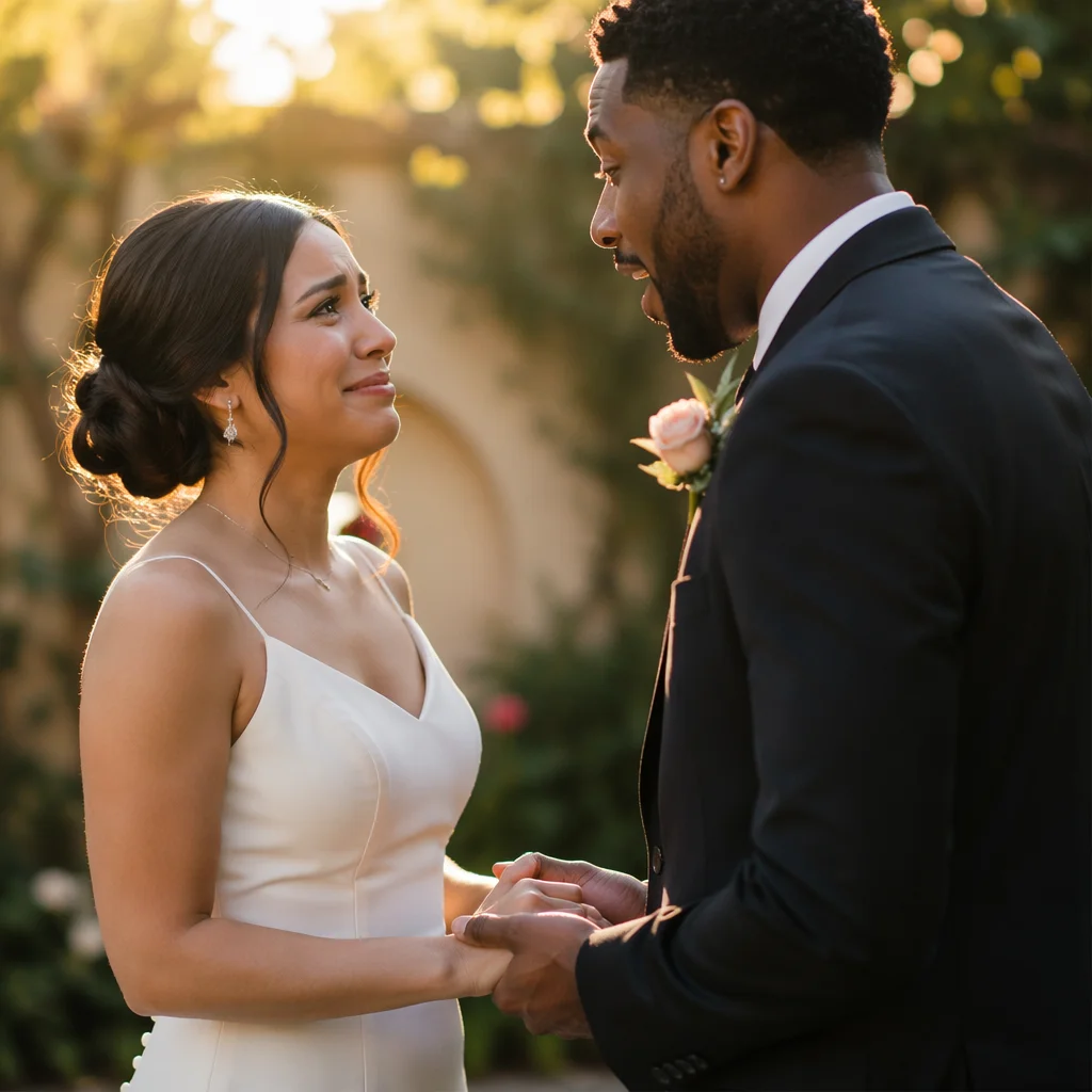 Emotional Newlyweds First Look in Garden