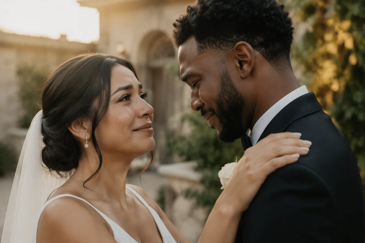 Emotional Newlyweds First Look in Garden