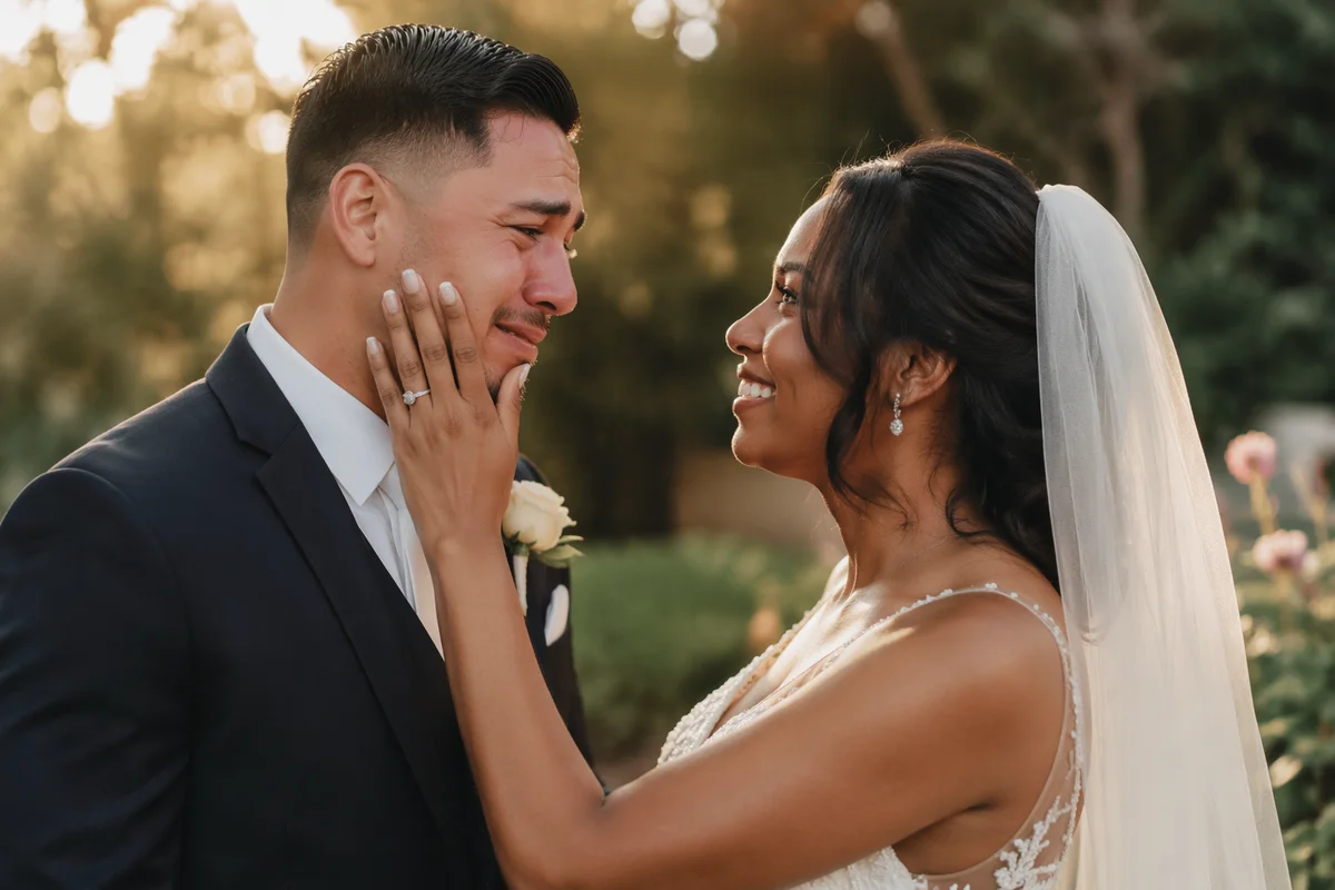 Emotional Newlyweds First Look in Garden