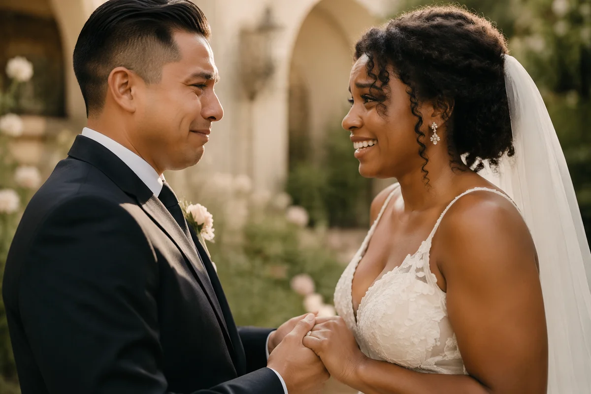 Emotional Newlyweds First Look in Garden