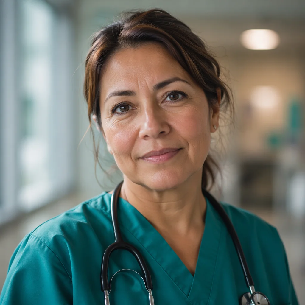 Compassionate Nurse Headshot in Hospital Corridor
