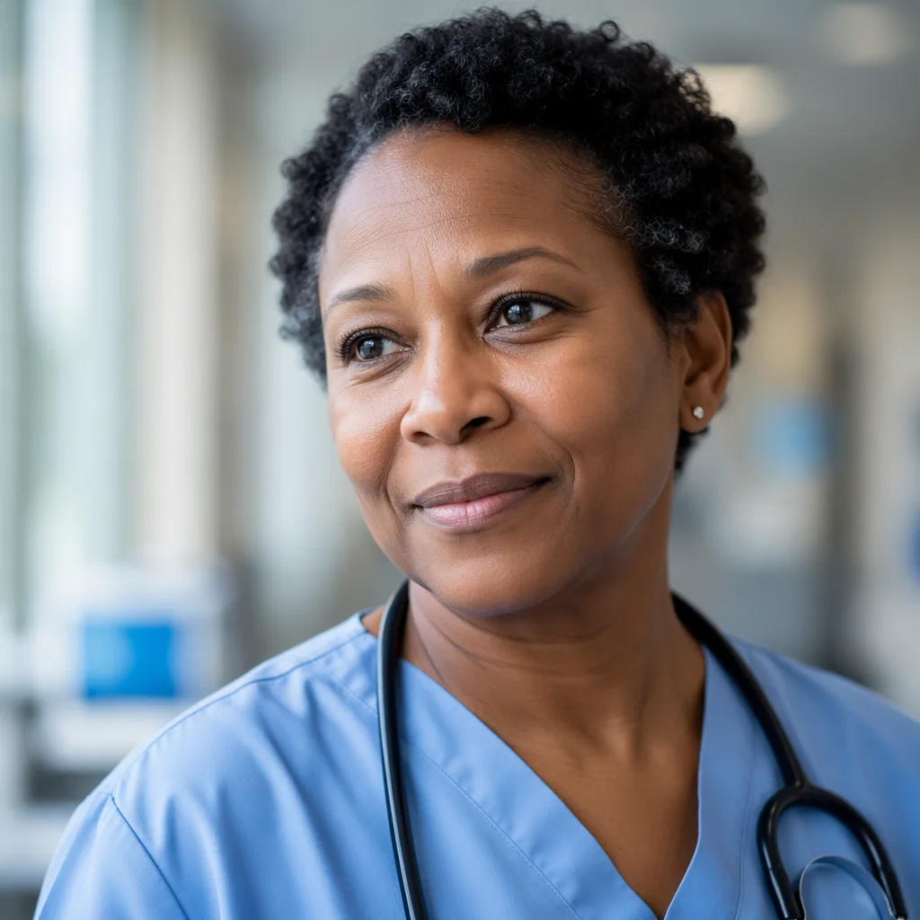 Compassionate Nurse Portrait in Hospital Corridor