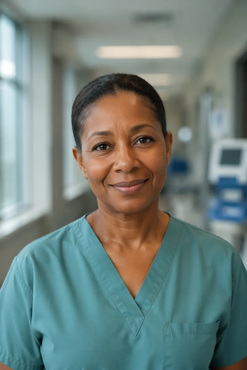 Compassionate Nurse Headshot in Hospital Corridor